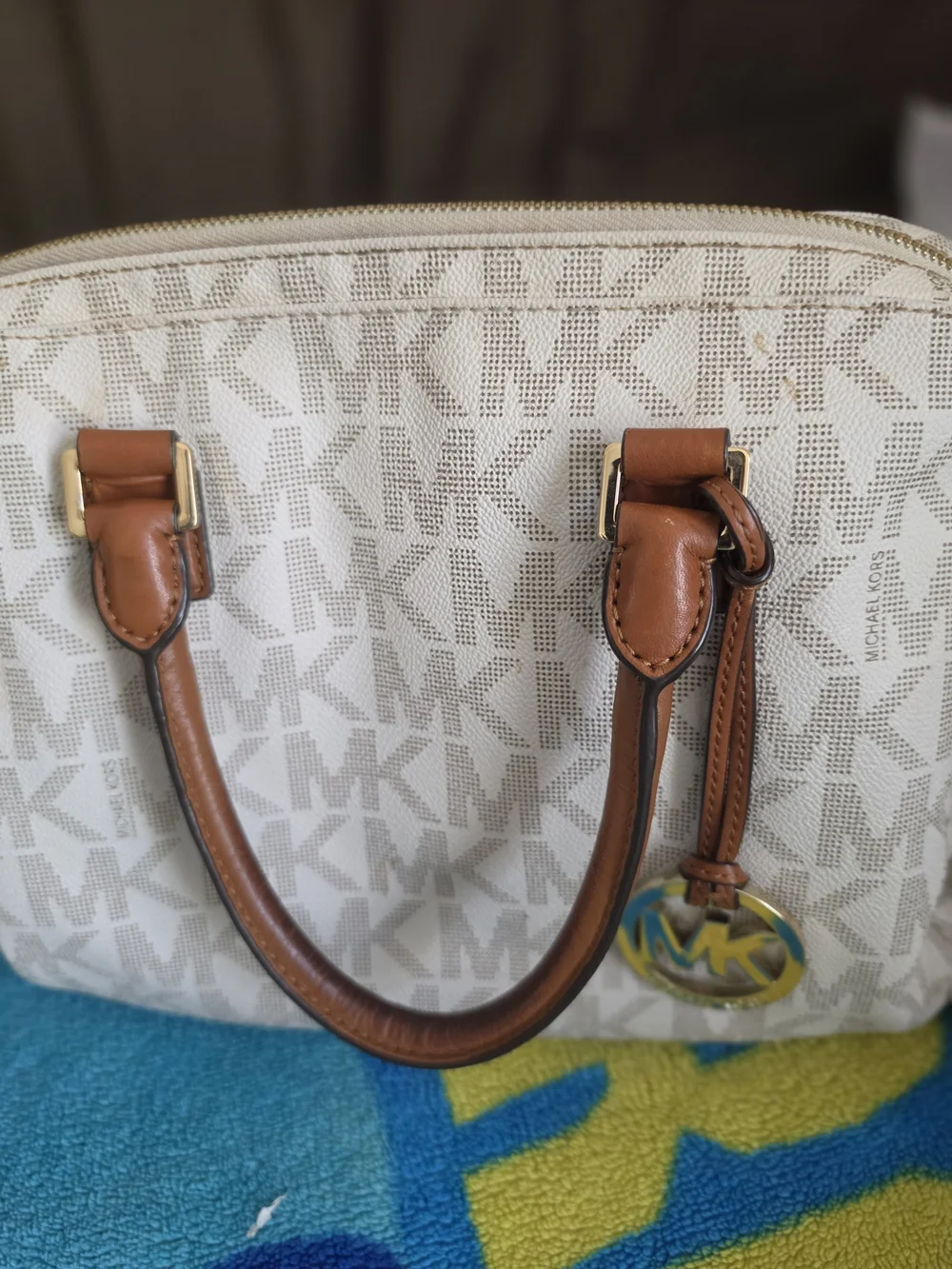 Michael Kors White and Brown Signature Satchel